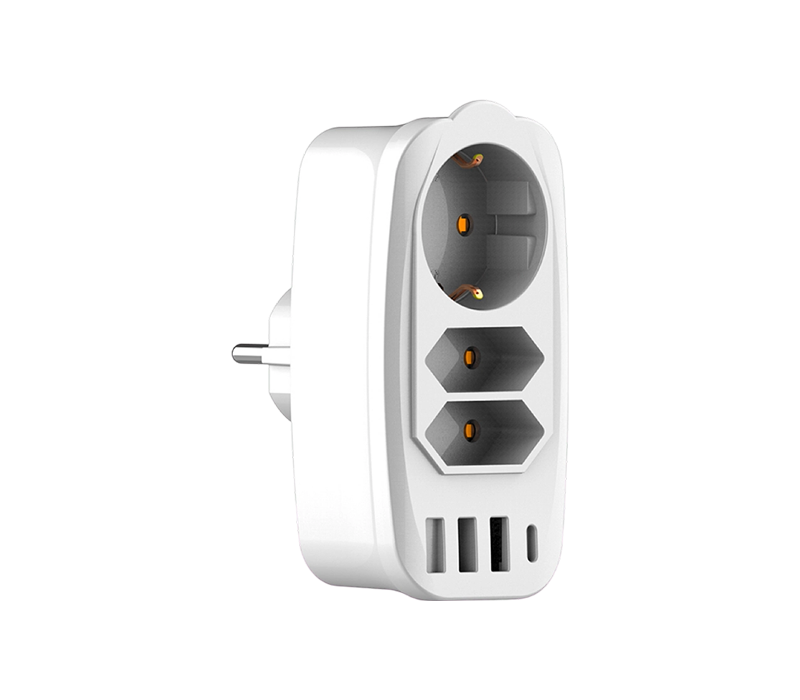 E06 Plug-in multifunktionsstikdåse med 2 europæiske type C-stik, 1 europæisk type F-stik, 3 USB-A-porte og 1 USB-C-port