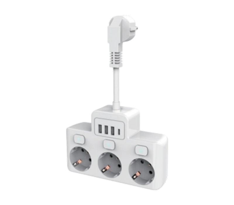 E14 kablet strømstik med 3 stik i europæisk stil, 3 USB-A-porte og 1 USB-C-port med uafhængig switch