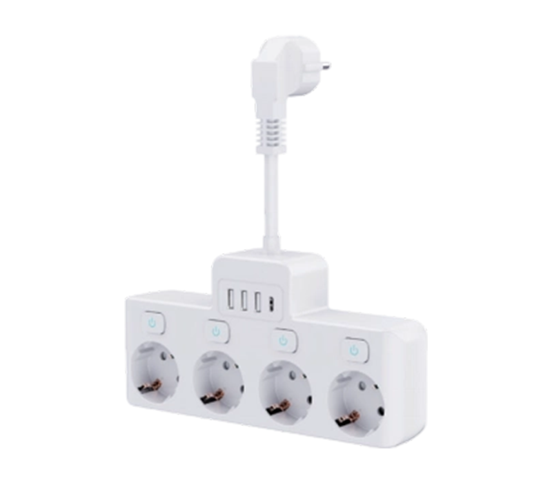 E14-4 kablet strømstik med 4 stik i europæisk stil, 3 USB-A-porte og 1 USB-C-port med uafhængig switch