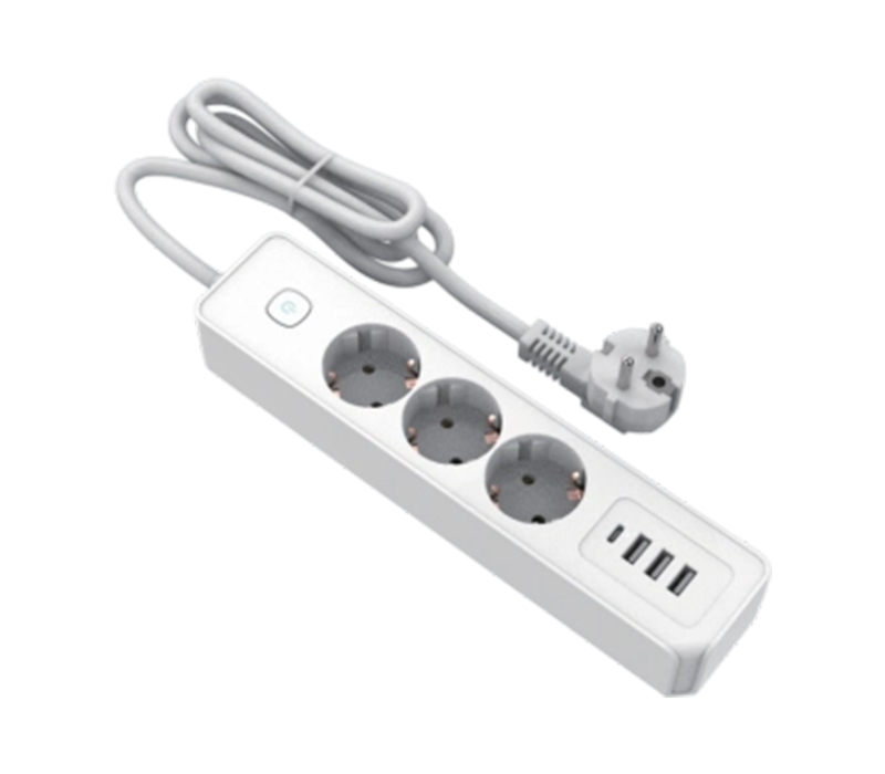 E21-3 strømstik i europæisk stil med 3 udtag, 3 USB-A-porte og 1 USB-C-port, switch inkluderet