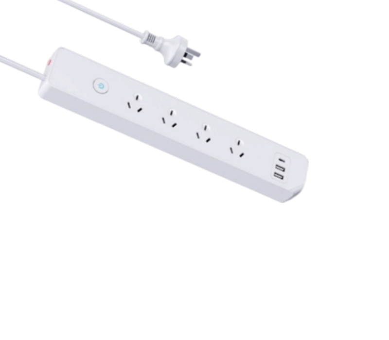 AU05 strømstik i australsk stil med 4 udtag, 2 USB-A-porte og 1 USB-C-port