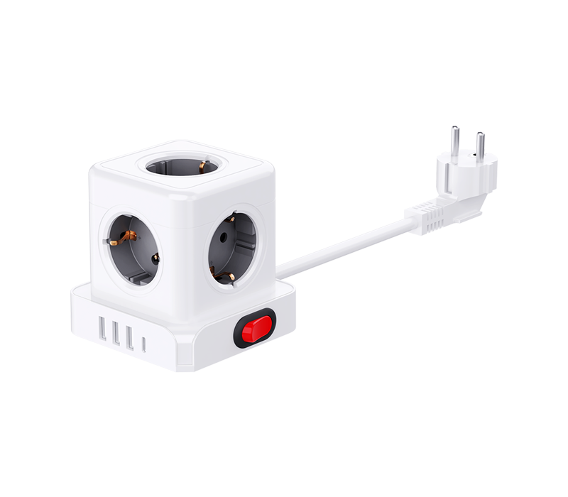E23 Kablet Cube Power Strip med 5 stikkontakter i europæisk stil, 3 USB-A-porte og 1 USB-C-port med switch