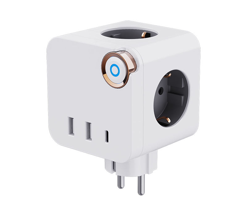 E19 Plug-In Cube Power Strip med 3 stik i europæisk stil, 2 USB-A-porte og 1 USB-C-port med switch