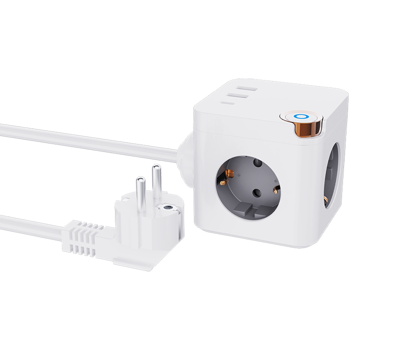 E20 Kablet Cube Power Strip med 3 stikkontakter i europæisk stil, 2 USB-A-porte og 1 USB-C-port med switch